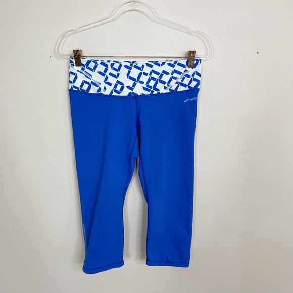 Brooks Cropped Printed Waist Leggings Blue White Geometric Medium M Workout - Picture 1 of 10